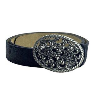 Avenue Embossed Leather Oval Floral Flower Buckle Belt 50"-54" Black Silver Tone